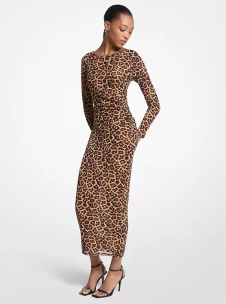 Midi šaty s leopardím potiskem a nylonovou síťovinou