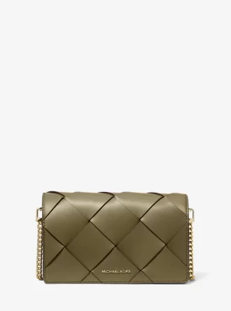 Středně velká tkaná kožená crossbody kabelka Jet Set