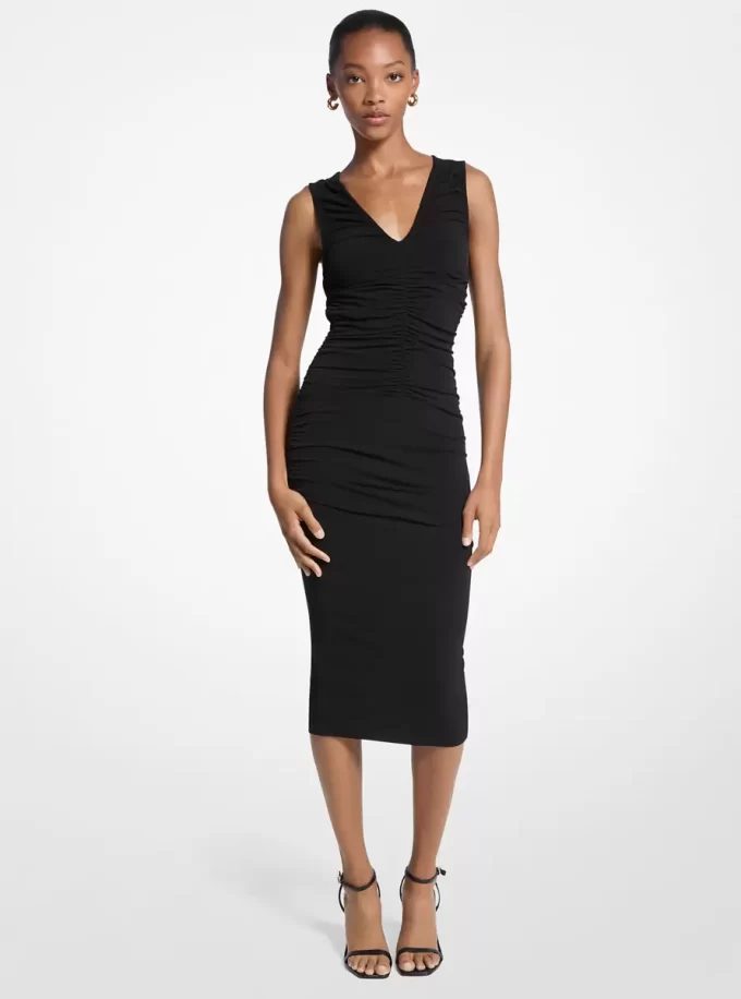 Stretch matný Jersey Ruched Midi šaty Stretch matný Jersey Ruched Midi šaty